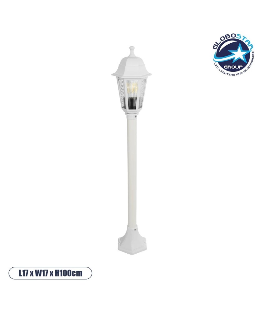 GloboStar® VITRO 203-0202 Vintage Επιδαπέδιο Φωτιστικό Κολωνάκι Κήπου  Μονόφωτο 1 x E27 IP44 Λευκό & Διάφανο Πλαστικό - Μ17 x Π17 x Υ100cm